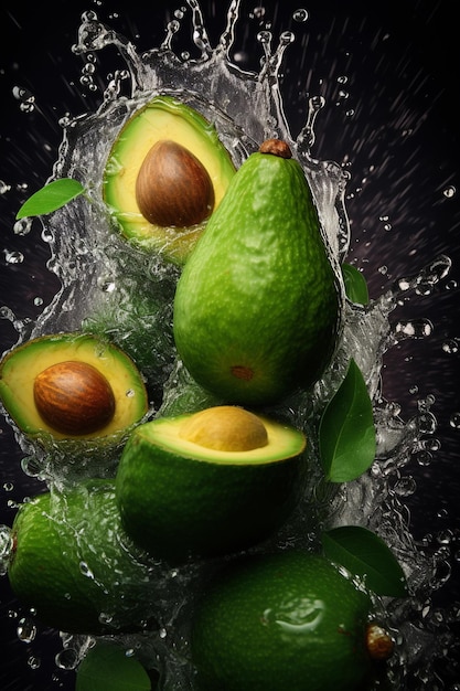 еда фрукты зеленые изолированные свежие авокадо и зеленые листья брызги воды