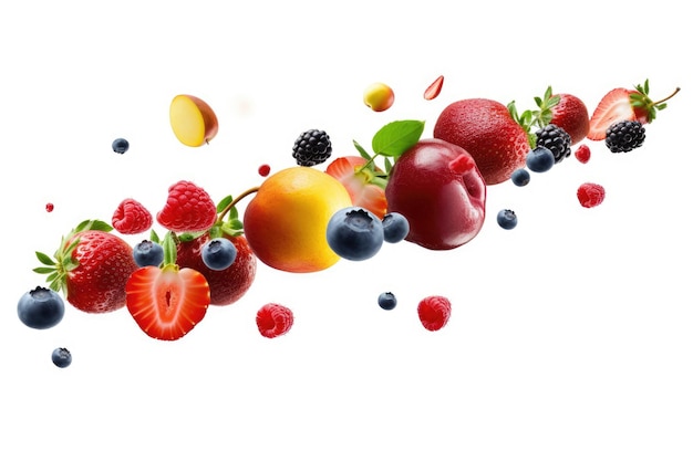 Foto fusione di frutta escitante corsa di frutta mista levitante su sfondo bianco