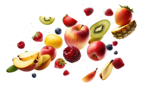 Foto fusione di frutta escitante corsa di frutta mista levitante su sfondo bianco