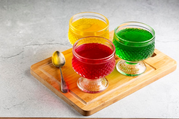 Fruit gelatin in the glass bowl