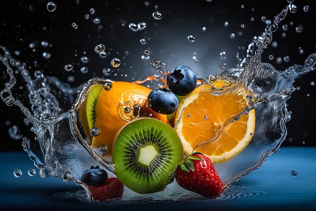 Fruit in a glass with water splashing around it