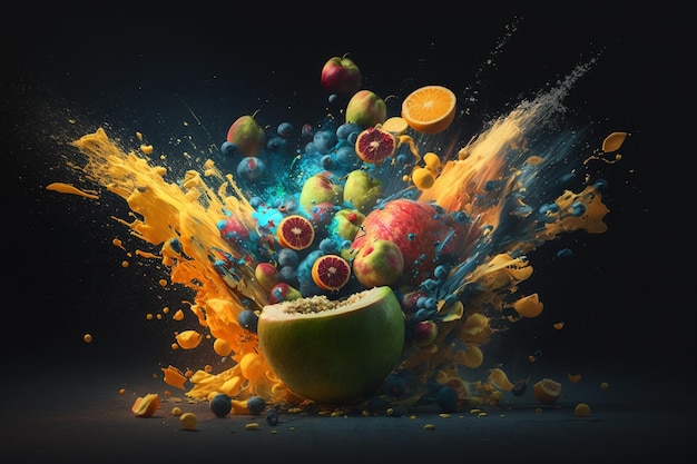 A fruit and a half of a fruit with oranges and a splash of paint.