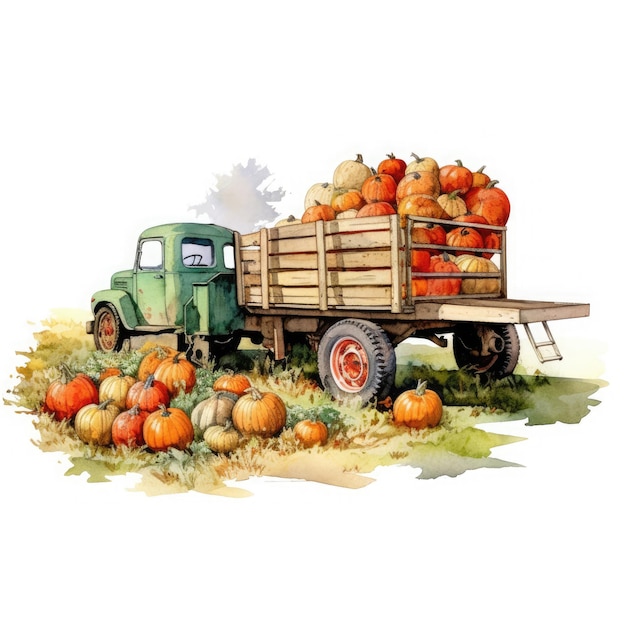 fruit harvesting cart load pumpkins On White Background