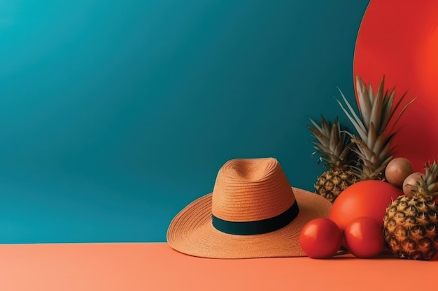 A fruit and a hat on a table