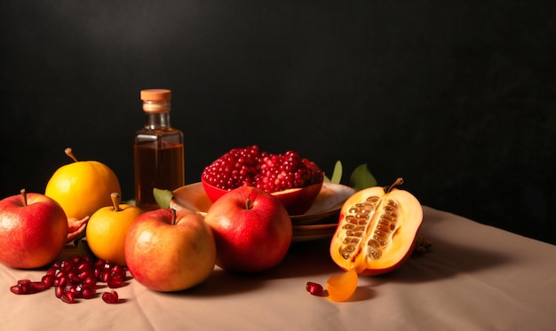 fruit, honing en granaatappel staan op een tafel