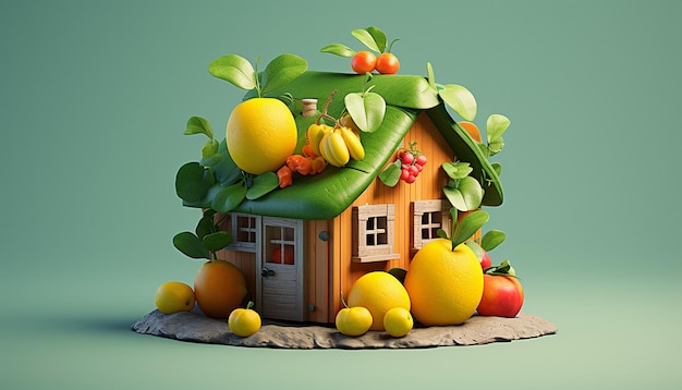 Фото Фруктовый дом разные фрукты милая модель 3d минимальная простая