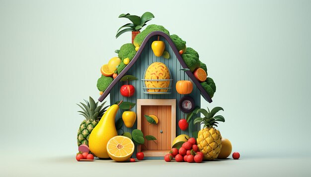 Fruit house different fruit cute model 3d minimal simple