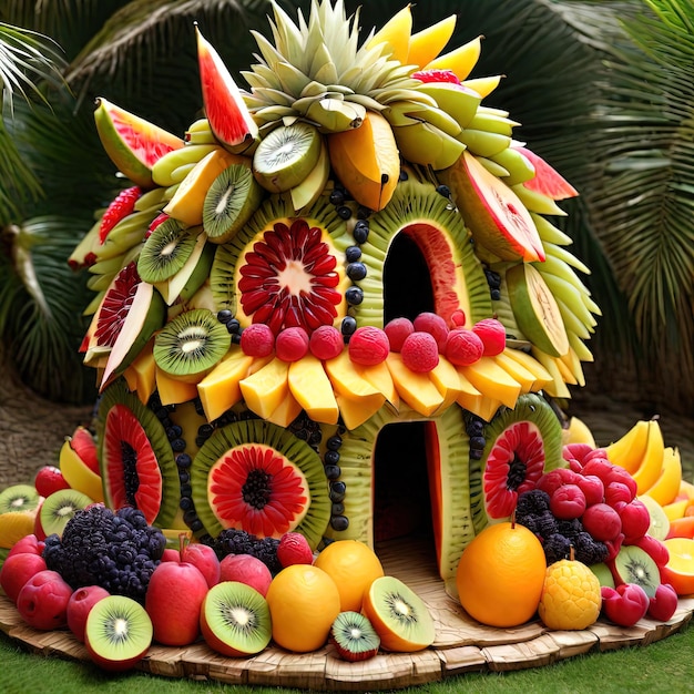 Foto casa della frutta sull'erba fatta di frutti per la creatività dei bambini