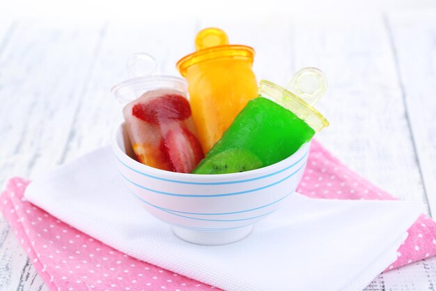 Fruit ice cream in bowl on wooden table closeup