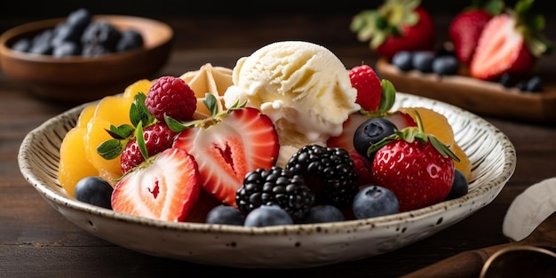 Fruit and ice cream in plate