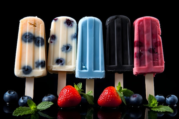 Fruit ice cream popsicles with blueberries and strawberries on black background