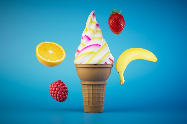 Fruit ice cream in a waffle cup an ice cream cone next to the fruit on a blue background 3D render