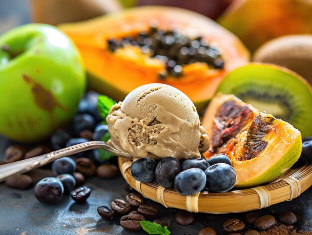 Fruit ice cream with coffee beans and fruits on a white background