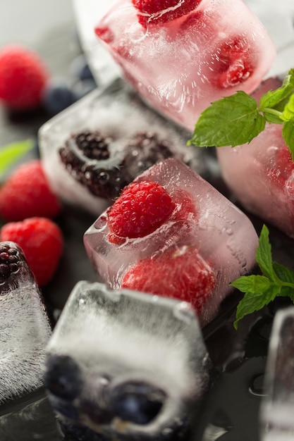 Fruit ice cubes with organic berries.