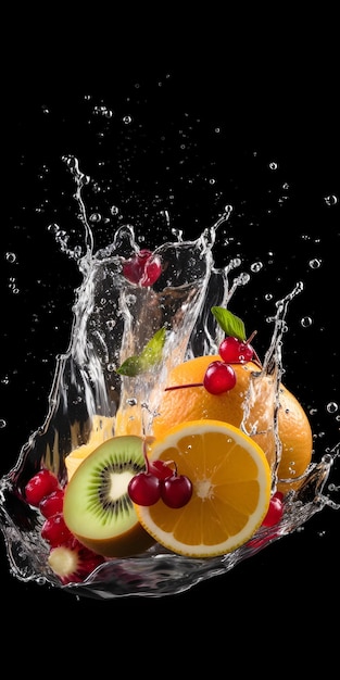 Fruit in een kom met opspattend water