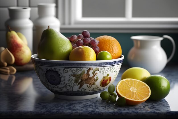 Foto fruit in een schaaltje in de keuken neuraal netwerk ai gegenereerd