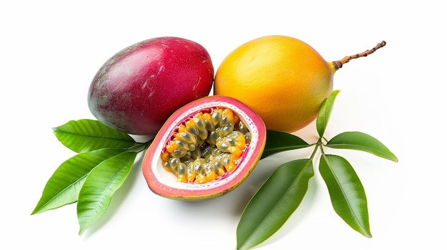 Fruit isolated ripe fresh passion fruit and mango