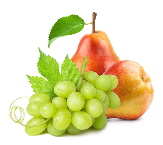 Fruit isolated. Ripe green grapes and red pears.