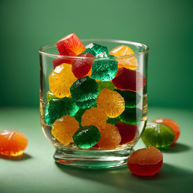 Fruit Jelly Candies in Glass on Green Background CloseUp