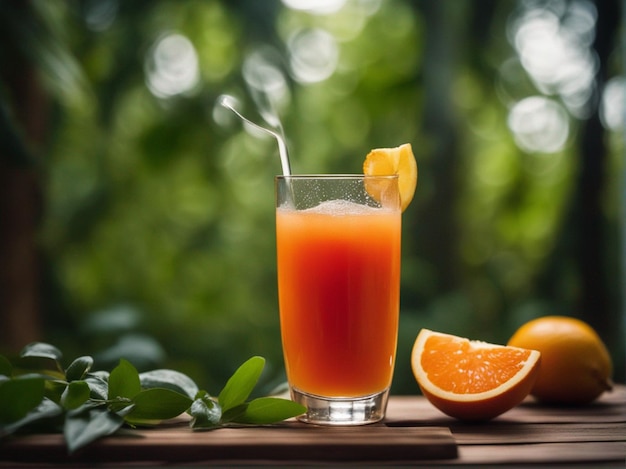 A fruit juice in glass on wooden table forest background