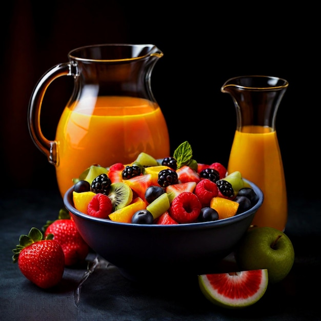 Fruit juice is on the table next to it is a bowl of fruit Healthy tasty food