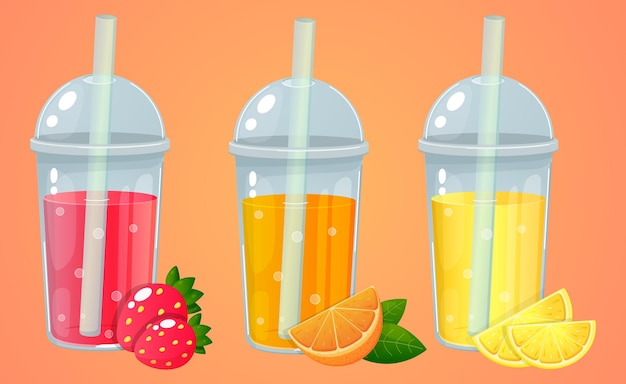 Fruit juice in a plastic cup with a straw Lemonade orange strawberry summer drinks Juice to go