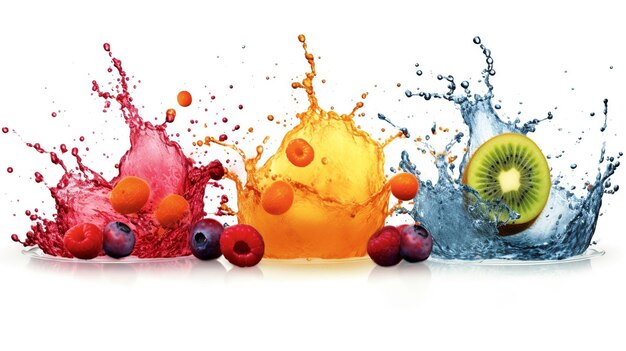 Photo fruit juice splash with splashes and fruits on a white background