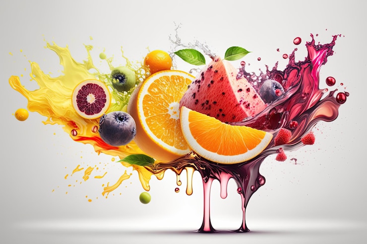 Photo fruit and juice splashes abstract illustration isolated on white background juice splash generative ai