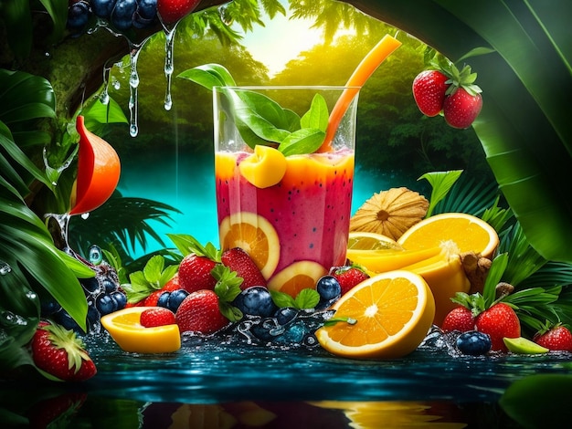 Fruit in juice splashes multiple fruits