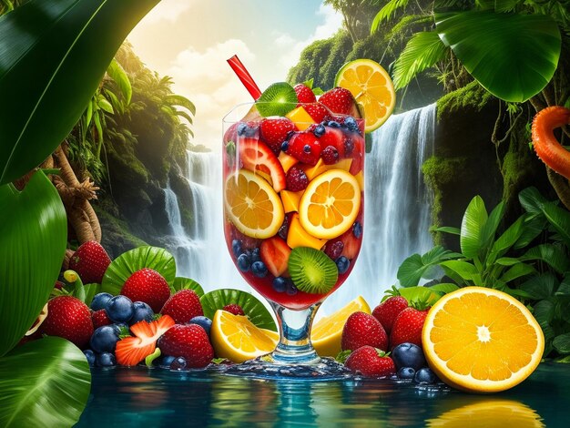 Fruit in juice splashes multiple fruits