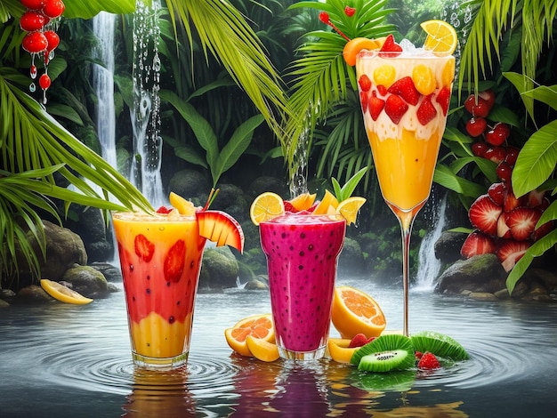 Fruit in juice splashes multiple fruits