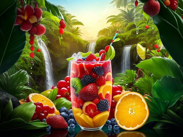 Fruit in juice splashes multiple fruits