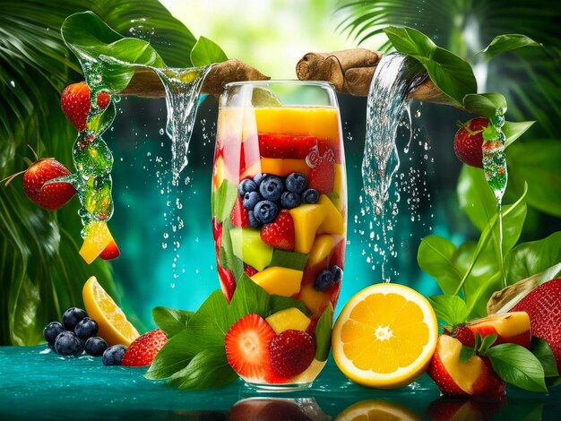 Photo fruit in juice splashes multiple fruits
