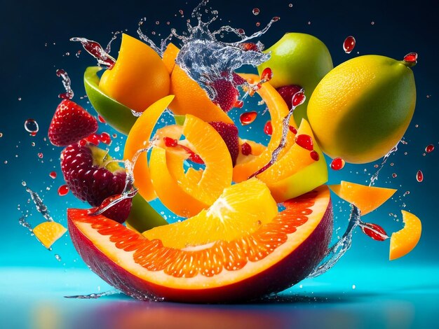 Photo fruit in juice splashes multiple fruits