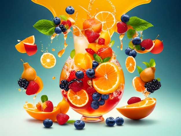 Fruit in juice splashes multiple fruits