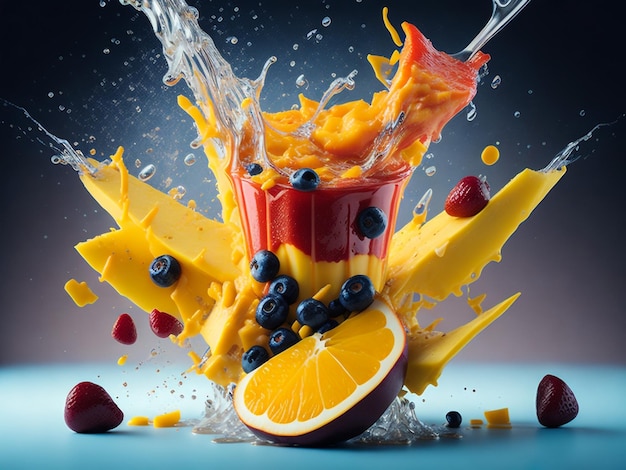 Fruit in juice splashes multiple fruits