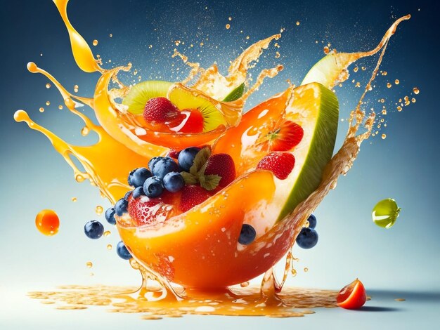 Photo fruit in juice splashes multiple fruits