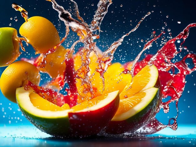 Photo fruit in juice splashes multiple fruits