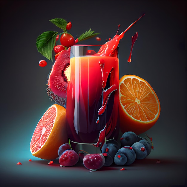 A fruit juice with a splash of liquid and a bunch of fruit.