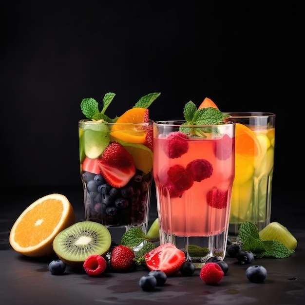 Fruit juices and kiwis on a black background