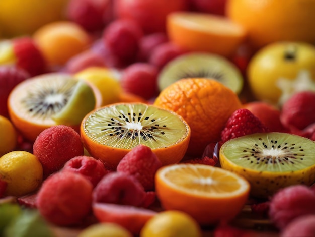 과일 칼레이도스코프 완벽 히 배열 된 잘라진 과일 의 다채로운 매크로 사진