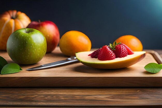 A fruit and a knife are on a cutting board with fruits and vegetables.