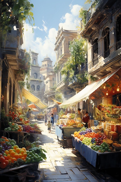 a fruit market in the city center