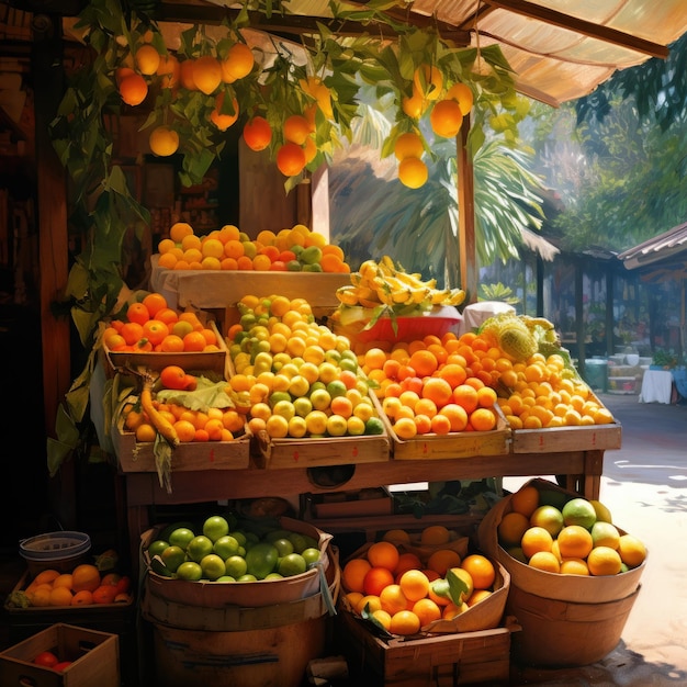 A fruit market stall with heaps of oranges and lemons