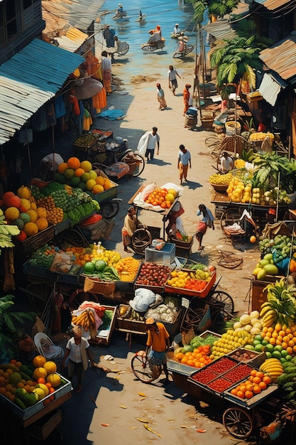 a fruit market with a lot of people around it