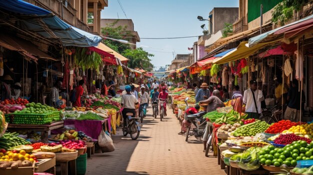 a fruit market with a man riding a bike and a cart with a sign that says " do not buy ".