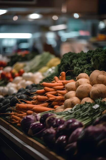 色とりどりの新鮮な果物や野菜が AI によって生成されたフルーツ マーケット