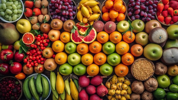 Foto mercato di frutta con varie frutta e verdura fresche colorate