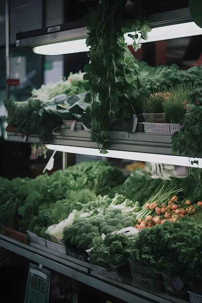 色とりどりの新緑や野菜が並ぶ青果市場 AI生成