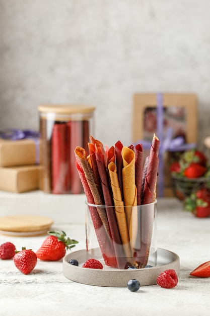 Fruit marshmallow Pastille fruit rolls on white background